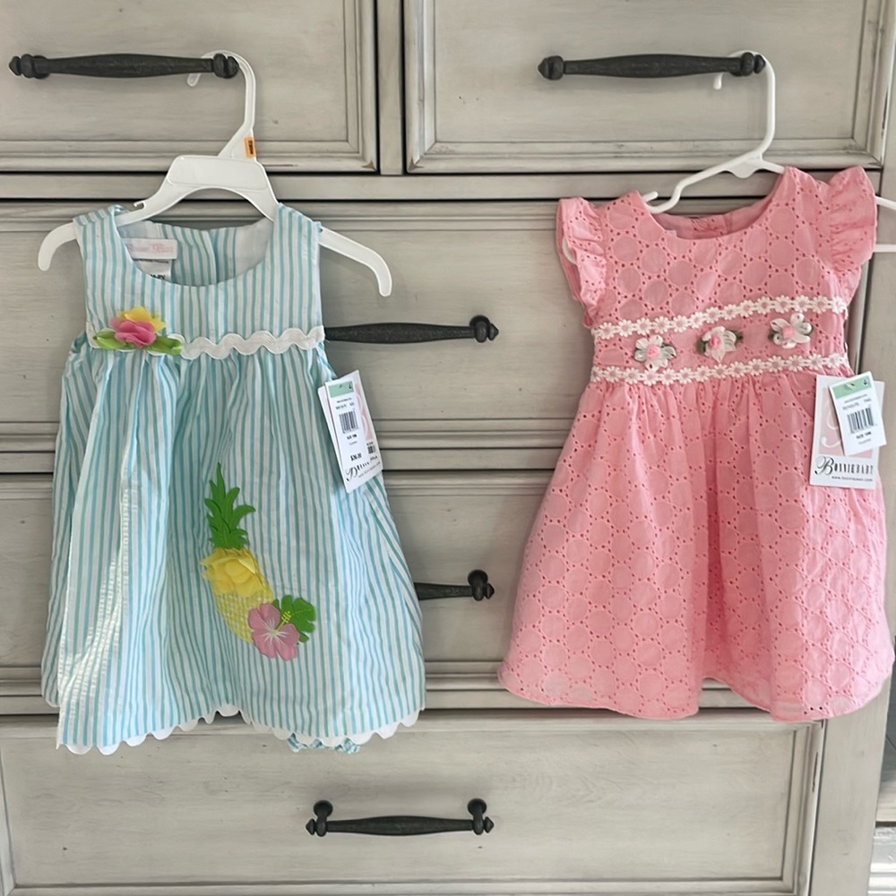NWT 18M Bonnie Baby sundresses. 2 pk. Daisy, and pineapple prints. Pink and blue
